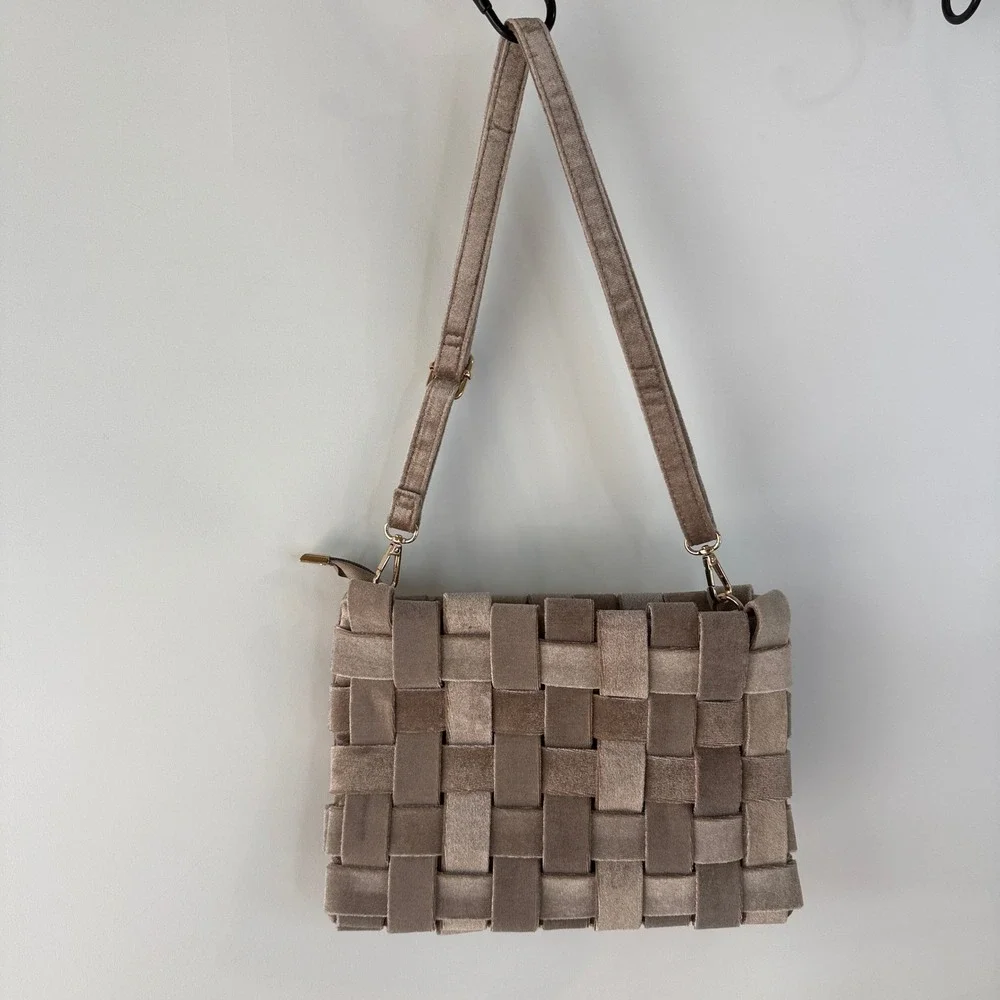 Anthropologie Lindy Woven Clutch Women Taupe Bronze Velvet Crossbody Bag Party